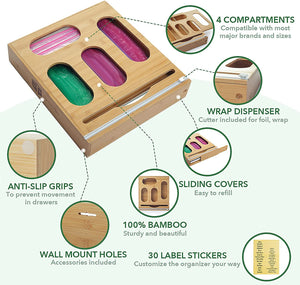 Bamboo Kitchen Drawer Ziplock Bag Organizer (Neutral)